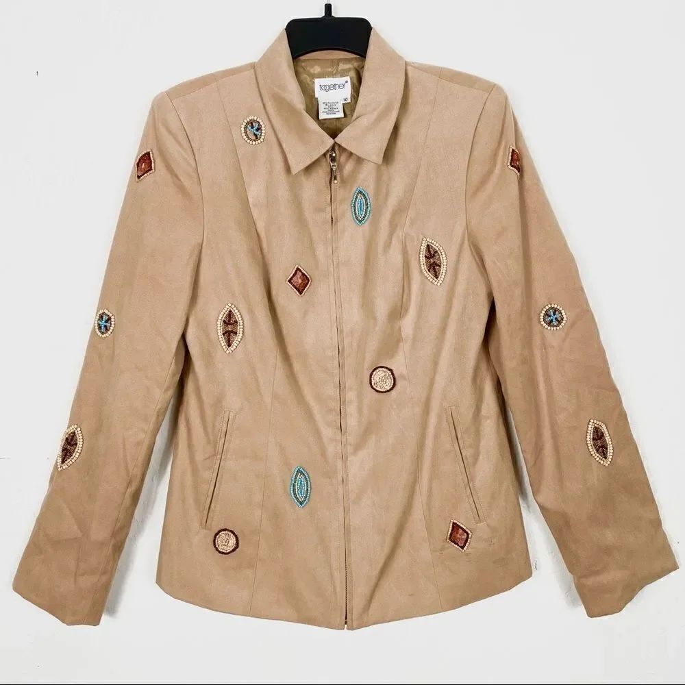 Vintage Tan Suede Beaded Western Zip Up Jacket